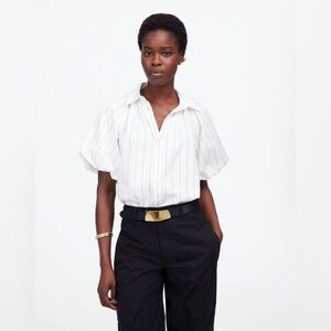 NWT Madewell Shirred Bubble-Sleeve Button-Up Shirt, White w/ Black Stripes, XXS
